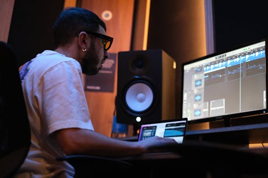 Music producer at a computer in a London studio, focusing on audio editing on multiple screens.