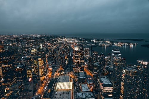Free Aerial View of City Buildings during Night Time Stock Photo