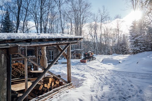 Brown Wooden House near Bare Trees on a Snow Covered Ground 