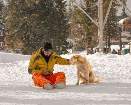 A man sitting with a dog in a snowy landscape, enjoying a peaceful winter day.