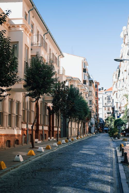 Free A picturesque street scene in Istanbul, featuring historic architecture and lush trees. Stock Photo