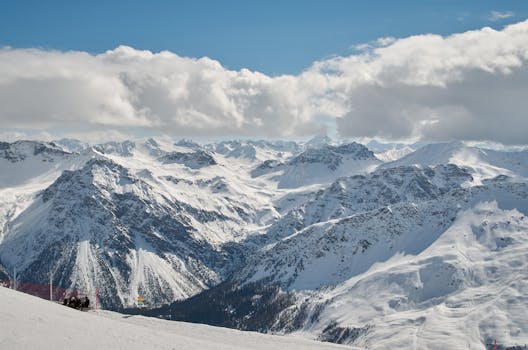 Majestic snow-covered Alps in Arosa, Switzerland, showcasing serene winter scenery.