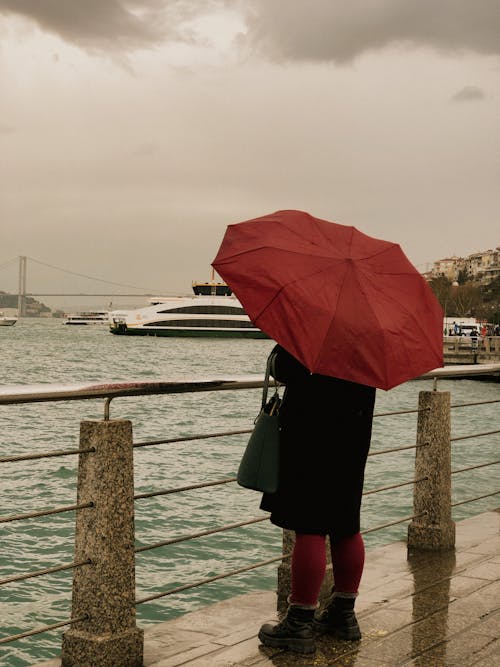 A Person in Black Coat Holding Red Umbrella