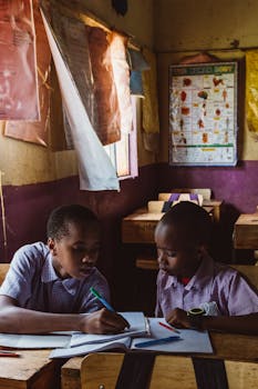 Two young boys studying together at a desk in an indoor classroom.