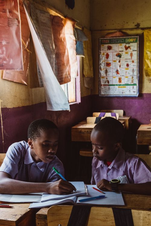 Free Two young boys studying together at a desk in an indoor classroom. Stock Photo