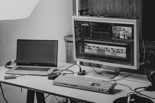 A monochrome workspace setup featuring a laptop and monitor for video editing.