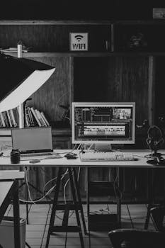 Stylish black and white home office workspace with computers and equipment for video editing.