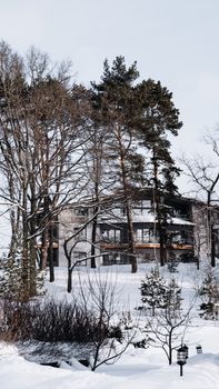 Serene winter scene featuring a snow-covered building amidst tall trees captured in Таруса, Russia.