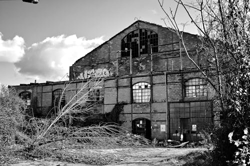 Black and White Photo of a Warehouse 