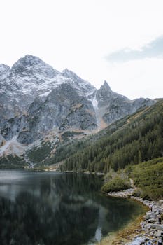 Majestic view of the Tatra Mountains with Morskie Oko lake. A tranquil landscape in Zakopane, Poland's Tatra National Park.