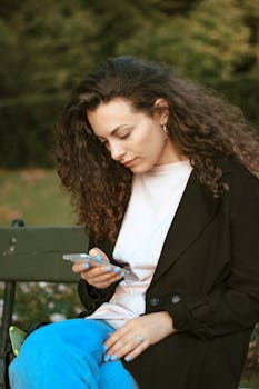 Young woman sitting on park bench engaged with her smartphone on a pleasant day.