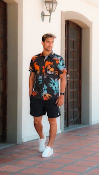 A fashionable man in a floral shirt and shorts walking outside on a sunny day.