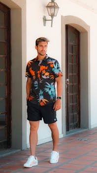 Man posing in a printed tropical shirt and black shorts, hand in pocket, in a well-lit corridor.