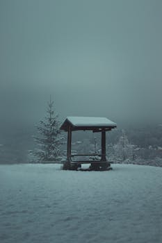 Calm winter scene with a snow-covered wooden structure on a quiet landscape.