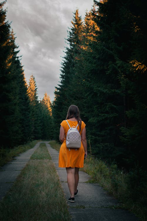 Woman on Orange Dress Carrying Backpack while Walking on a Pathway Between Pine Trees