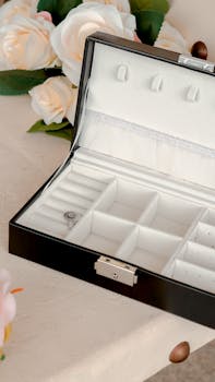 Open black jewelry box with white interior on a white surface, adorned with roses.