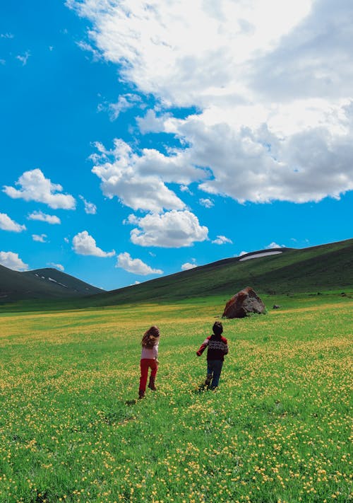 A Back View of Young Kids Walking on a Green Grass Field