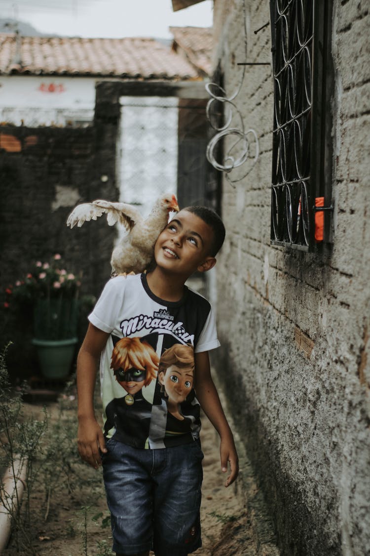 Smiling Boy With White Chicken On His Shoulder Walking In Backyard Along House Wall