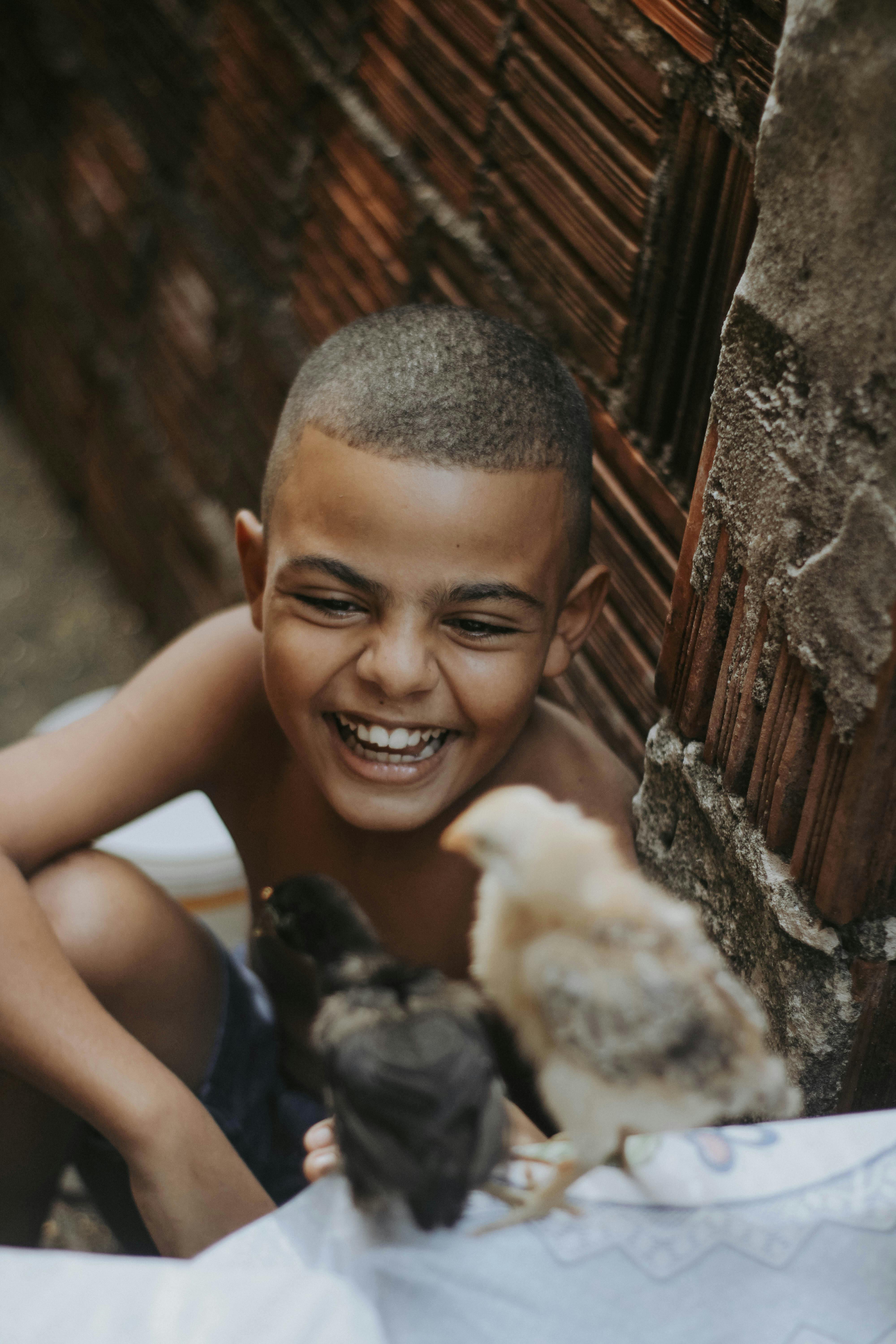 smiling boy and two chicks