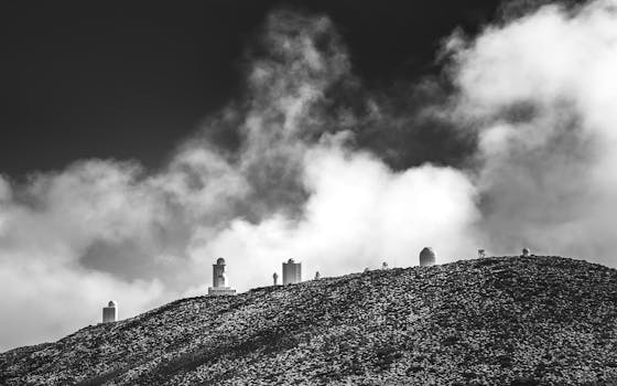 Black and white view of Teide Observatory on a cloudy day in Tenerife, Canary Islands.