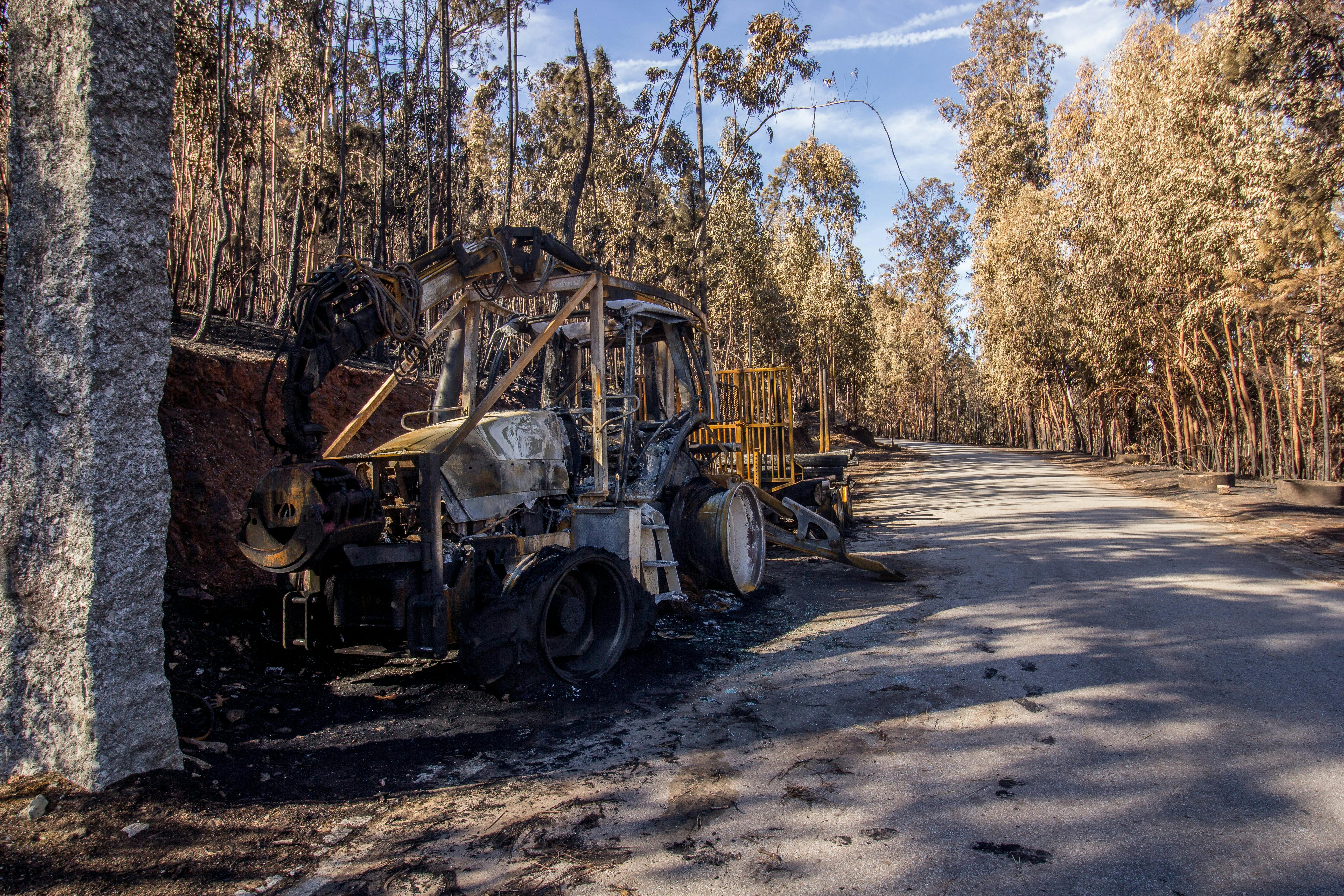 Charred machinery alongside a forest road showing post-fire devastation.