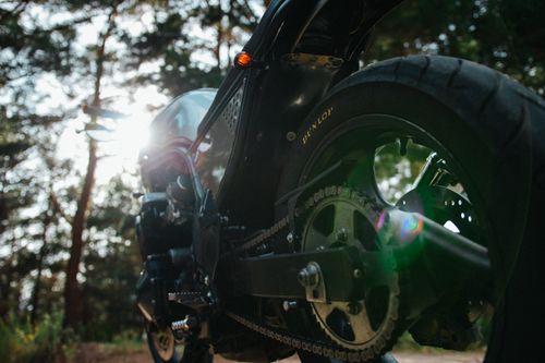 Free Low angle shot of a parked motorcycle in a forested area during the day, showcasing nature and machinery. Stock Photo