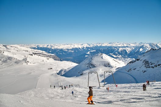 Captivating alpine skiing scene with snowy mountains and skiers enjoying a sunny winter day.