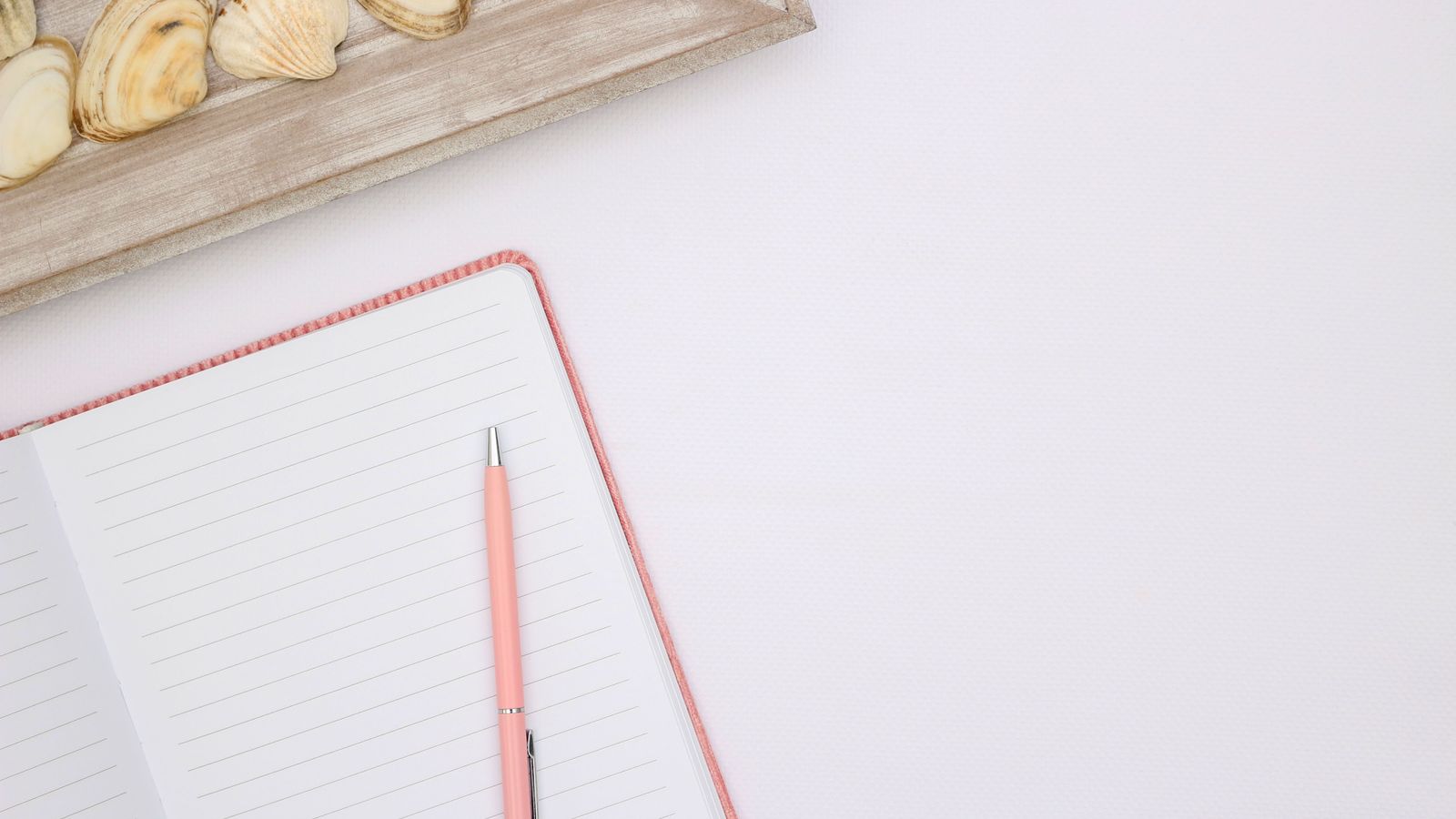 Caderno aberto com páginas em branco e uma caneta.