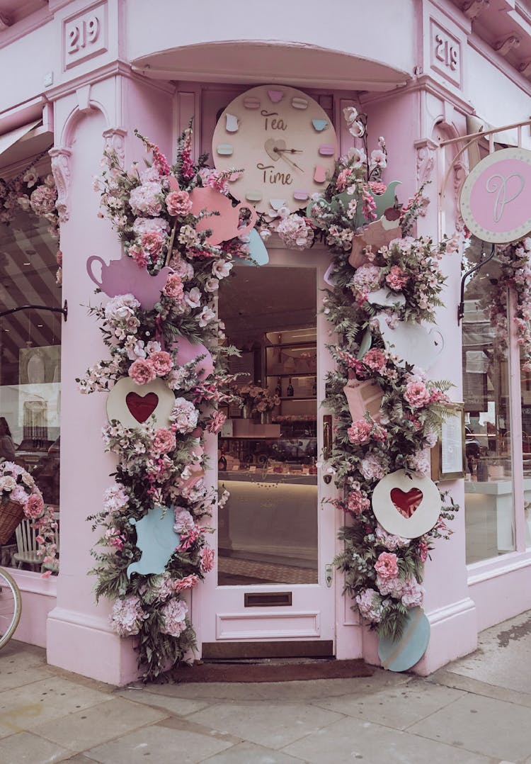 Flower Decorations On Entrance Doorway Of A Coffee Shop