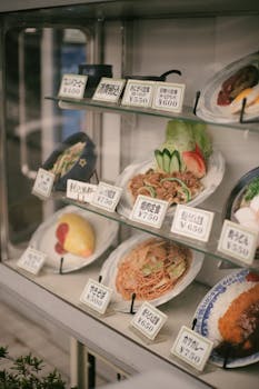 Showcase of Japanese cuisine with realistic plastic food models in glass shelves.