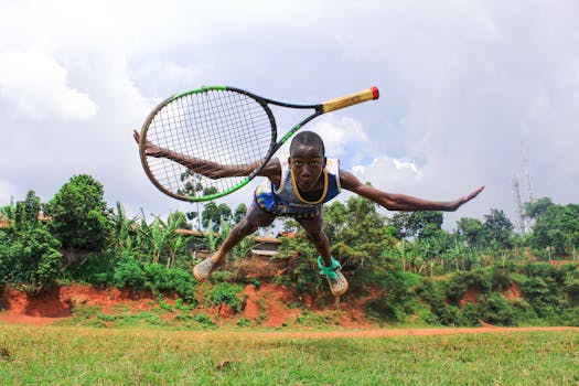 A vibrant capture of a young athlete jumping mid-air with a tennis racket in an outdoor setting.