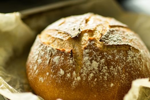 Close-up of a crusty homemade artisan bread loaf with a golden-brown crust, dusted with flour.