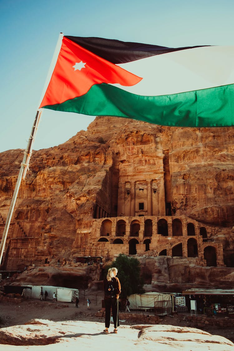 Jordan Flag Against Ancient Architecture