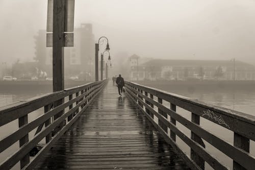 Free A Grayscale Photo of People Walking on a Wooden Bridge Stock Photo