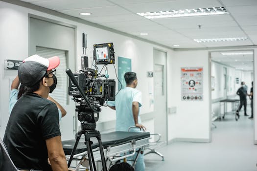 Cameraman capturing a scene in a hospital corridor with a professional video camera.