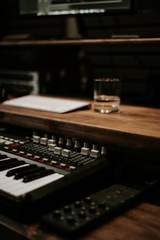 Close-up of synthesizer on desk in dark music studio, ideal for composition and production.