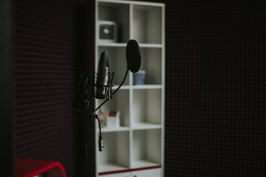 Close-up of a condenser microphone in a soundproof recording studio with modern shelving.