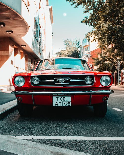 Free Front view of a classic red Ford Mustang parked in an urban environment with sunlight casting shadows. Stock Photo