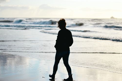 Free A person walking along Petten beach in the Netherlands, captured in serene sunlight. Stock Photo