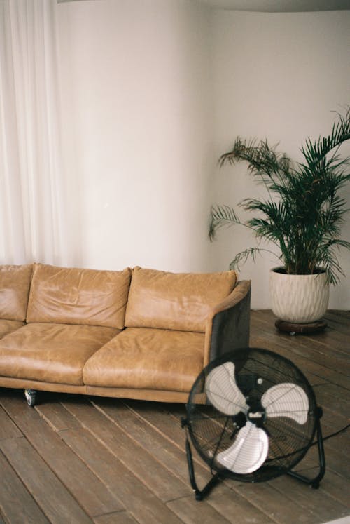 A Couch and a Fan Standing on the Floor in a Living Room 