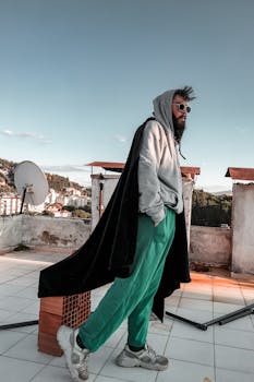 Fashionable man in a cape and hoodie posing on a sunny rooftop with city view.