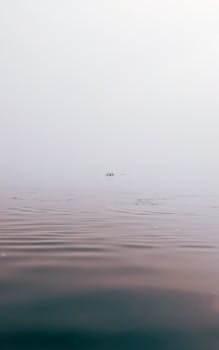 A tranquil scene of a mist-covered lake with a lone boat in the distance, reflecting calmness.