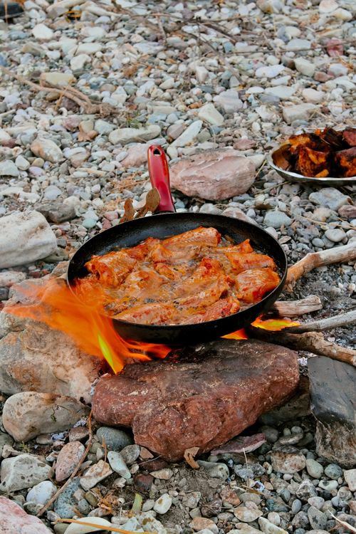 Free A frying pan with spiced meat cooking over an open fire on rocky ground outdoors. Stock Photo