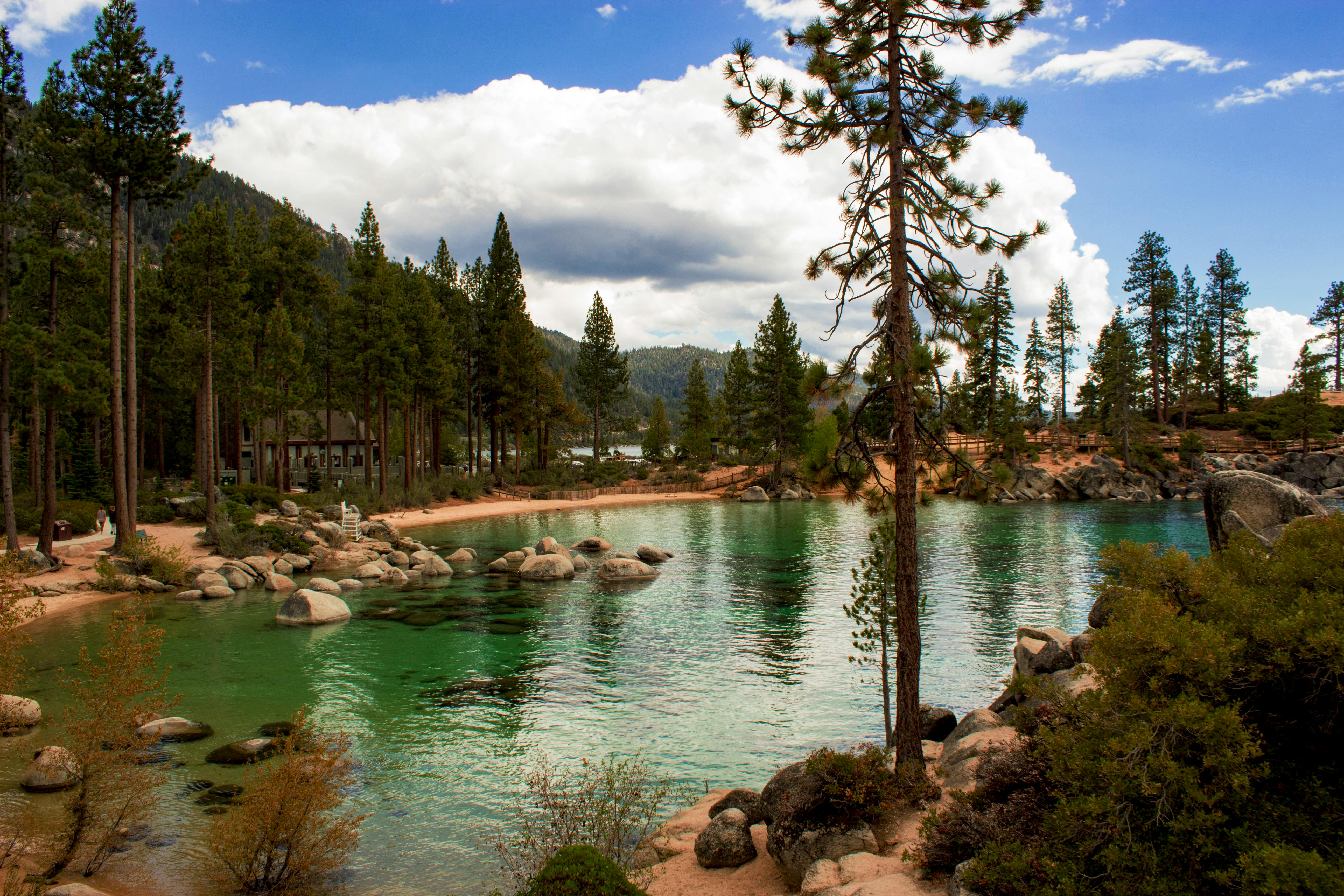 原始的山湖、松树与晴朗的天空，是自然爱好者的完美去处