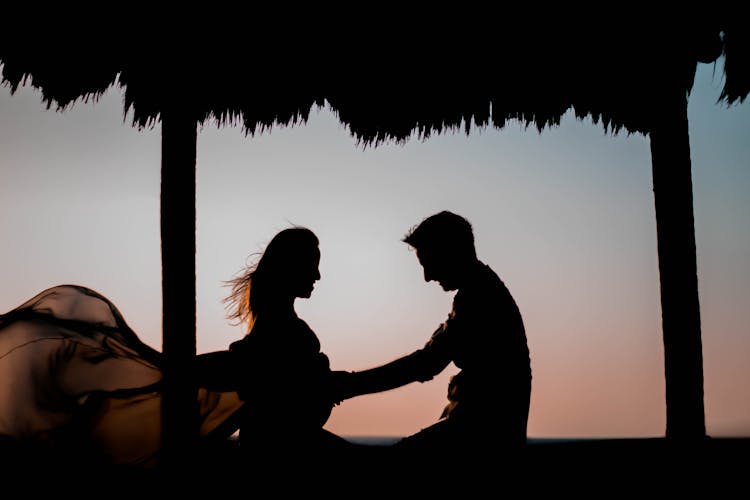 Silhouette Of A Man Touching The Woman's Tummy 