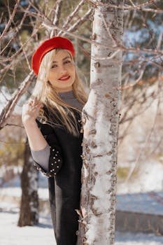 Blonde woman in a beret smiles beside a birch tree during winter outdoors.