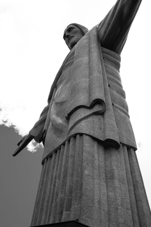 Free Low angle view of Christ the Redeemer statue in Rio de Janeiro in black and white. Stock Photo