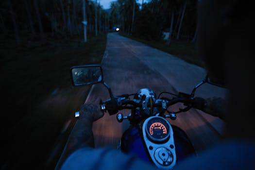POV shot of a motorcycle ride through a dimly lit road in a forest.