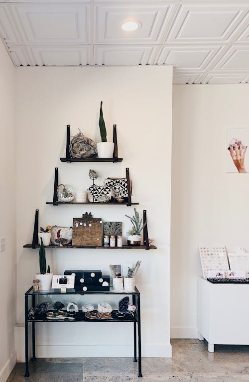 Table and Shelves with Decorations at Home 