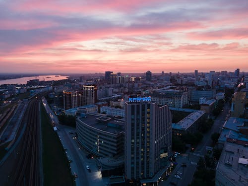 Drone Shot of a City during Sunset